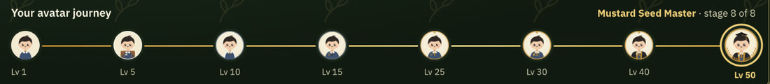 App dashboard strip: an avatar journey from level 1 to level 50, with the avatar changing at each stage