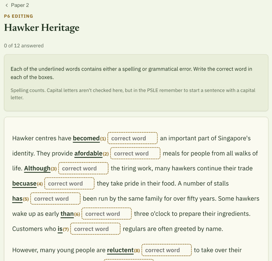App screen: a P6 Editing passage called Hawker Heritage, with underlined errors such as becomed, afordable and becuase, each followed by a box for the correct word