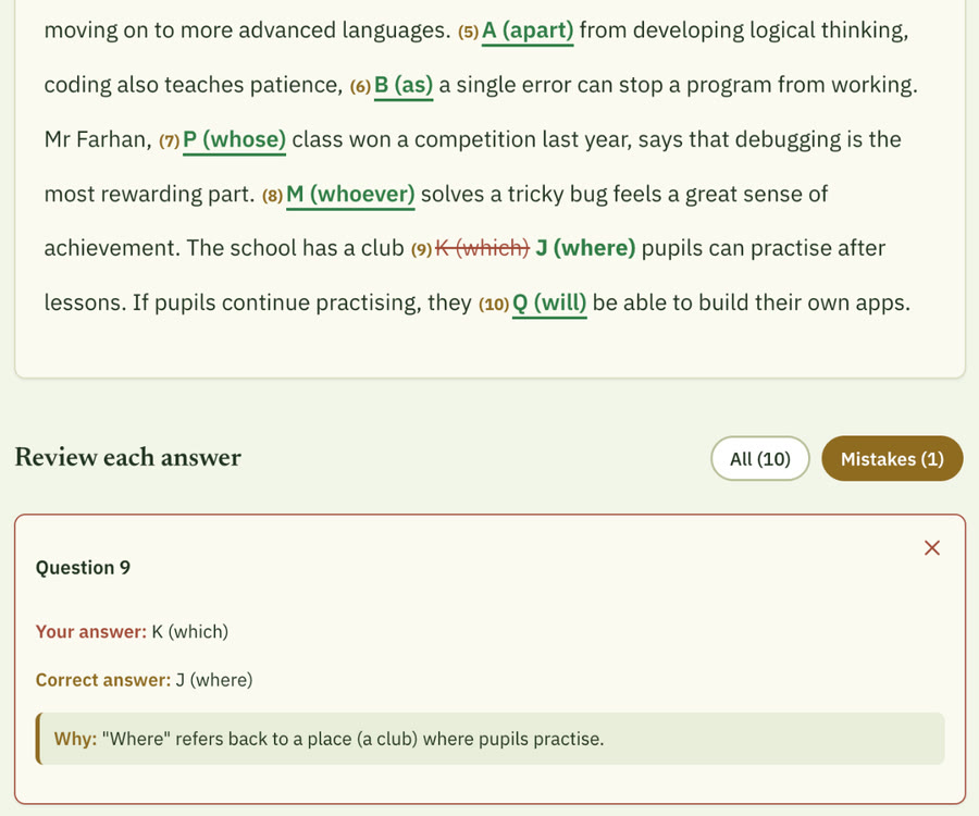 App review screen: the marked passage with blank 9 showing which crossed out and where as the correct answer, and a review card explaining that where refers back to a place