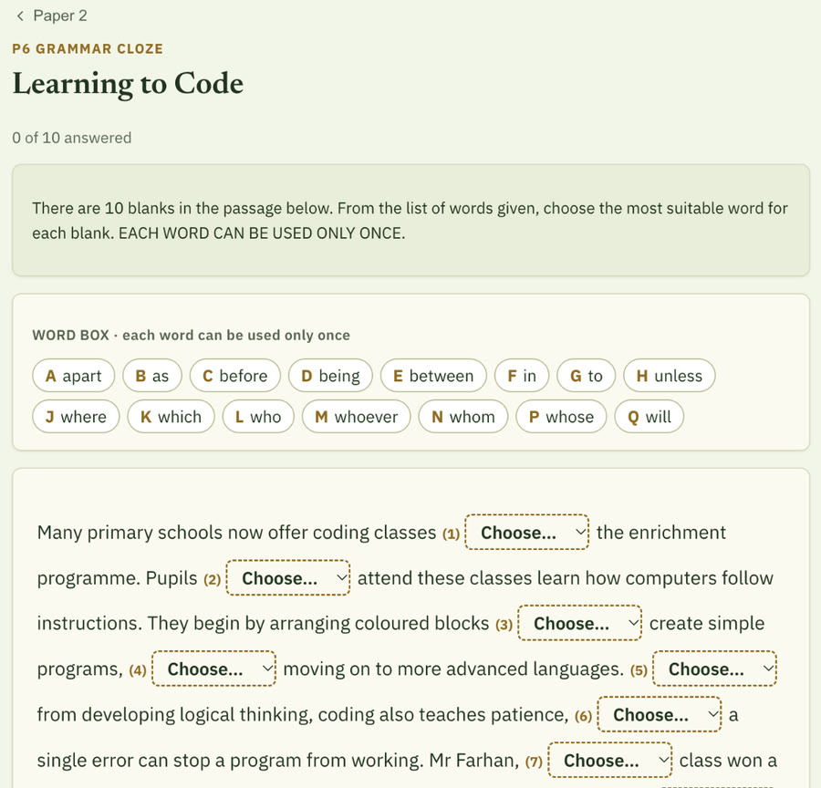 App screen: a P6 Grammar Cloze passage called Learning to Code, with a word box of 16 words and drop-down blanks in the passage