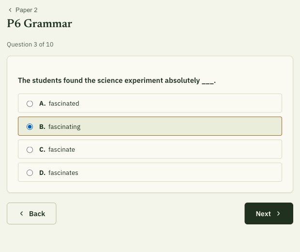 App screen: a P6 Grammar question with four options, one of them selected