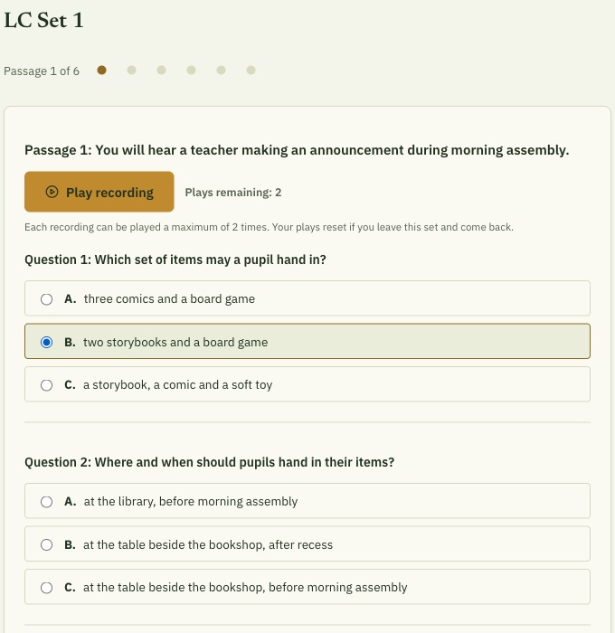 App screen: a Listening passage with a play button, the plays remaining, and three multiple-choice questions