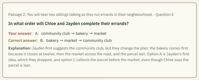App review screen: a wrong answer about the order of errands, the correct answer, and an explanation that the plan changed
