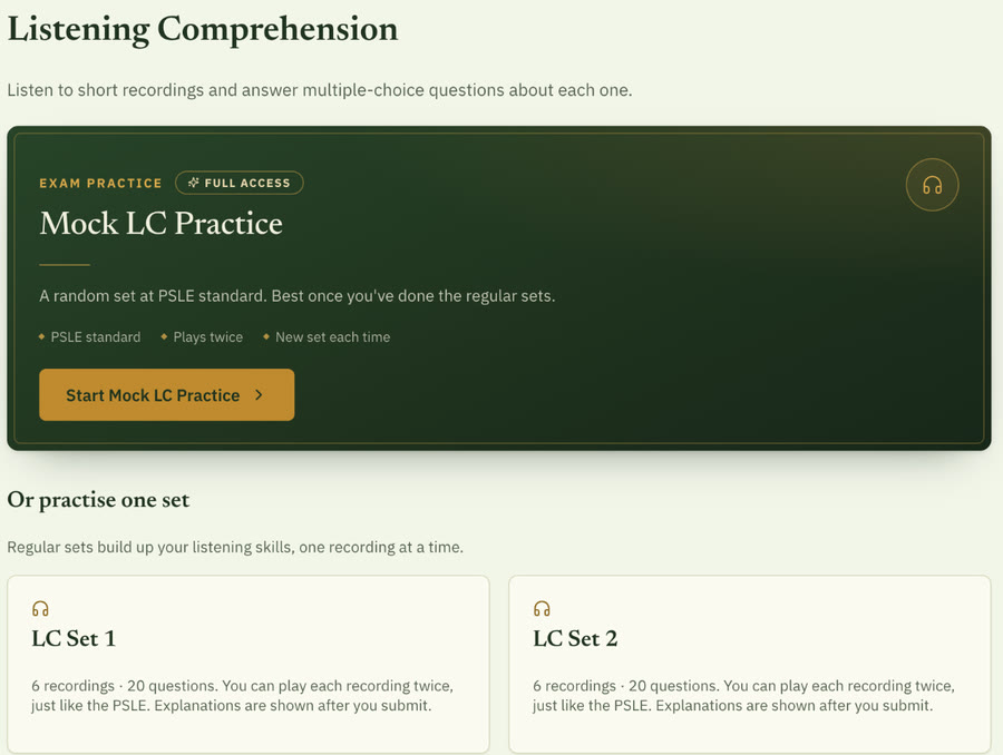 App screen: the Listening Comprehension page, with the Mock LC Practice card and the regular sets, each described as six recordings and 20 questions