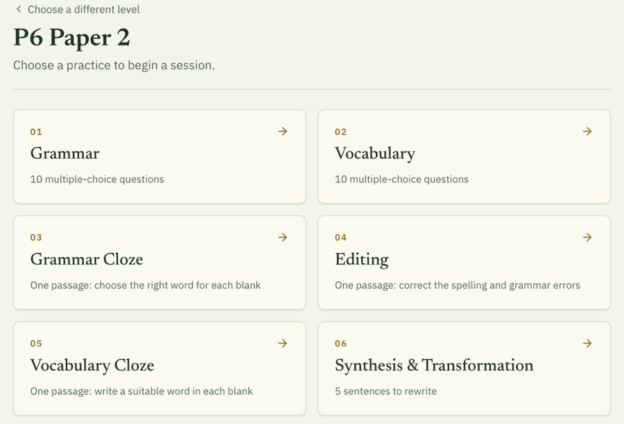 App screen: the six P6 Paper 2 sections, from Grammar to Synthesis and Transformation, each with a one-line description