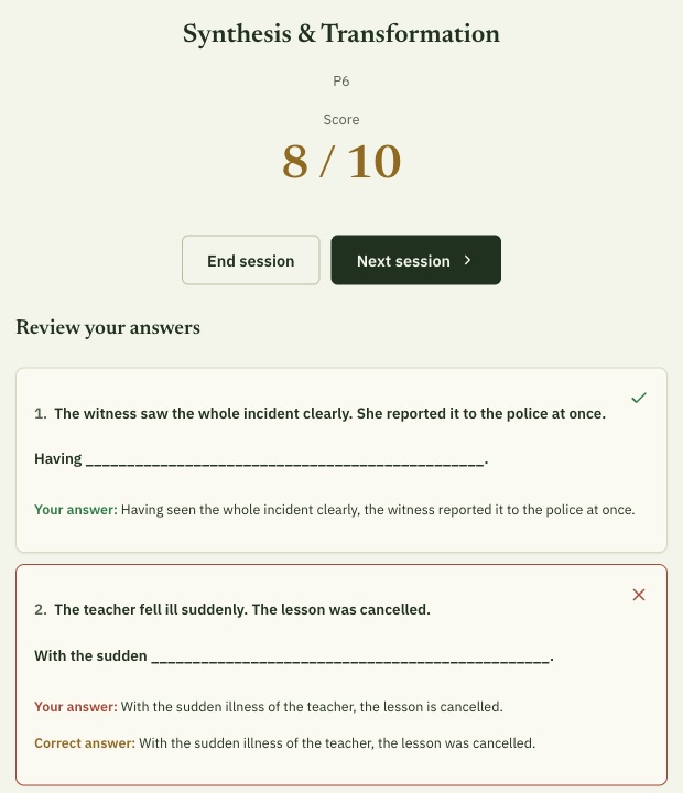 App results screen: a score of 8 out of 10, with each answer marked right or wrong and the correct answer shown for the mistake