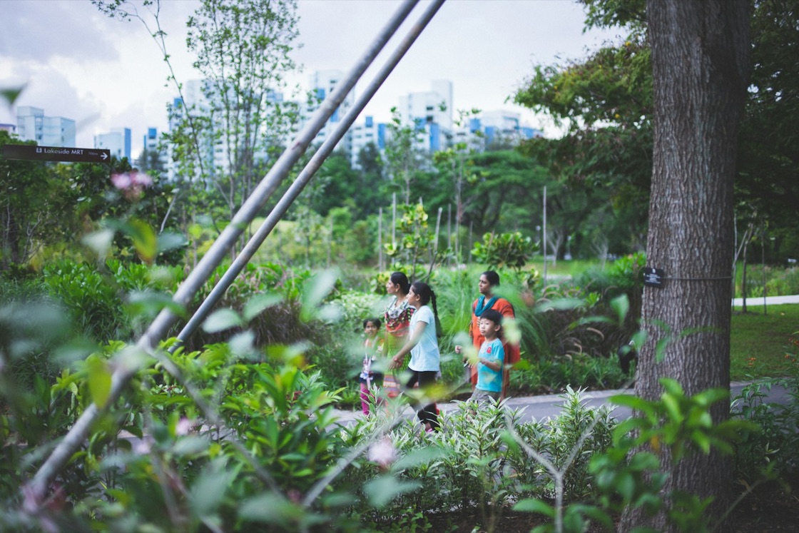 Children and adults walk along a leafy park path beside Jurong Lake, with tall flats rising behind the trees