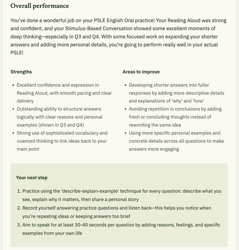 App feedback screen: an overall performance summary with lists of strengths and areas to improve
