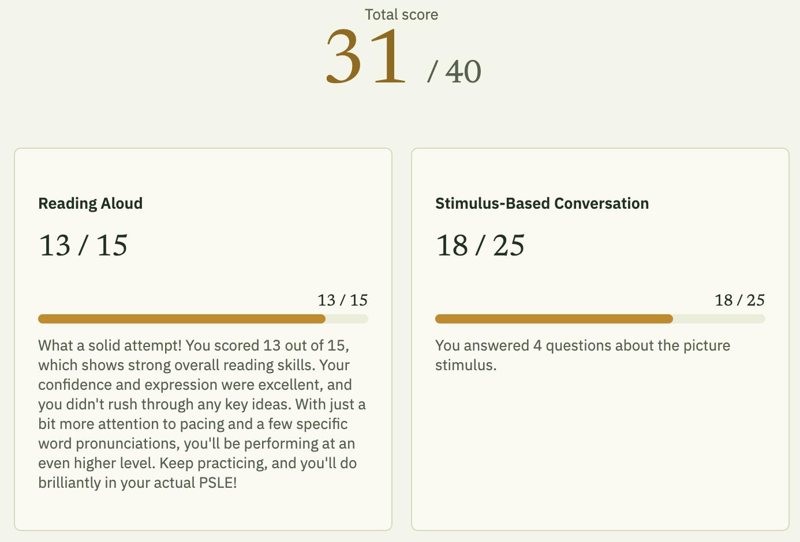 App results screen: a total score out of 40, with separate marks for Reading Aloud and the conversation, and written comments